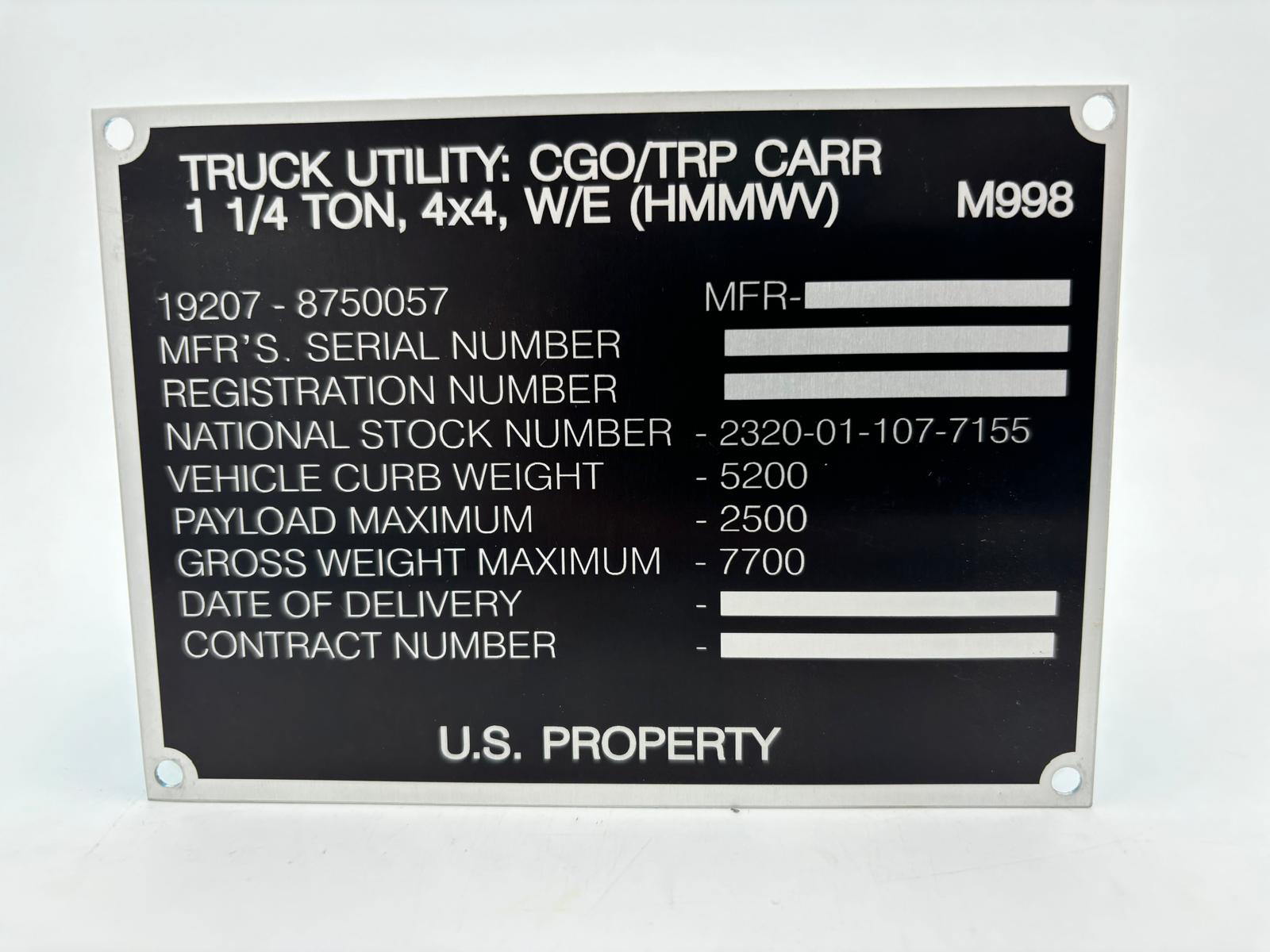 Typenschild Humvee M998